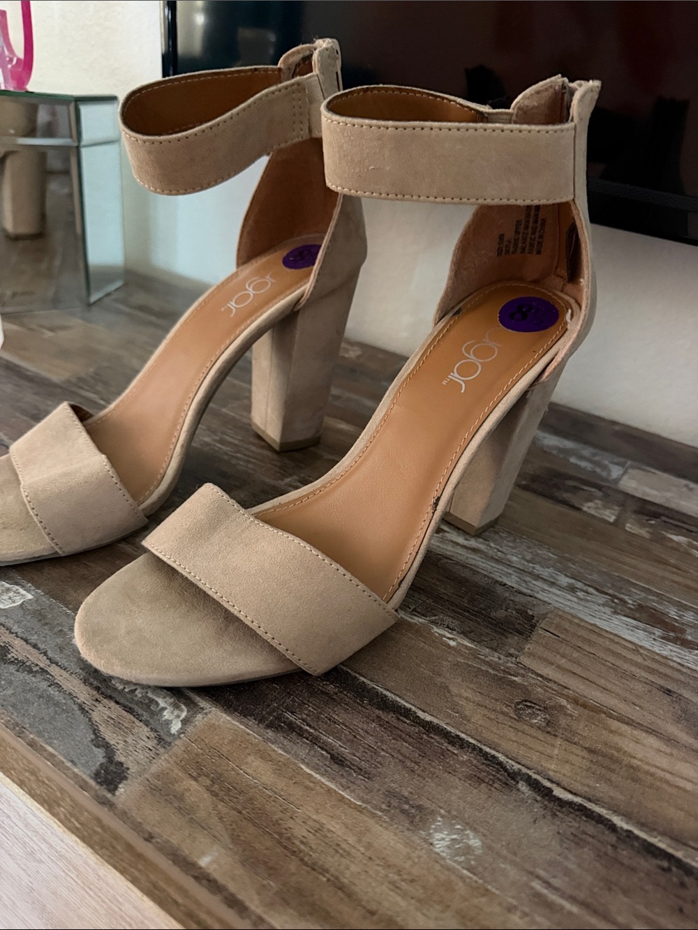 Sugar Taupe Suede Block Heel Sandals with Ankle Strap